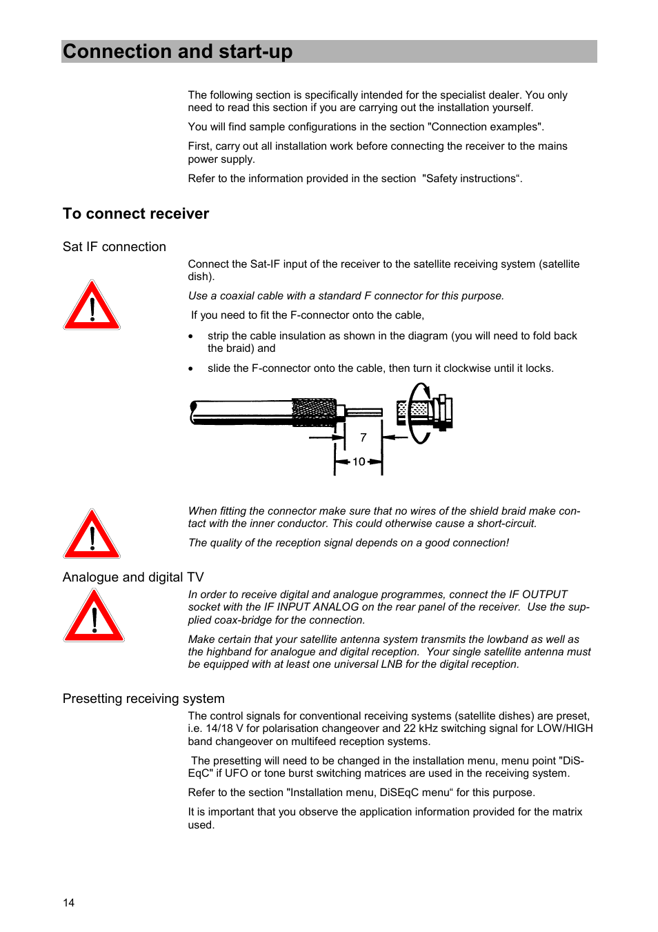 Connection and start-up, To connect receiver, Sat if connection | Analogue and digital tv, Presetting receiving system | Kathrein UFD 520 User Manual | Page 14 / 60