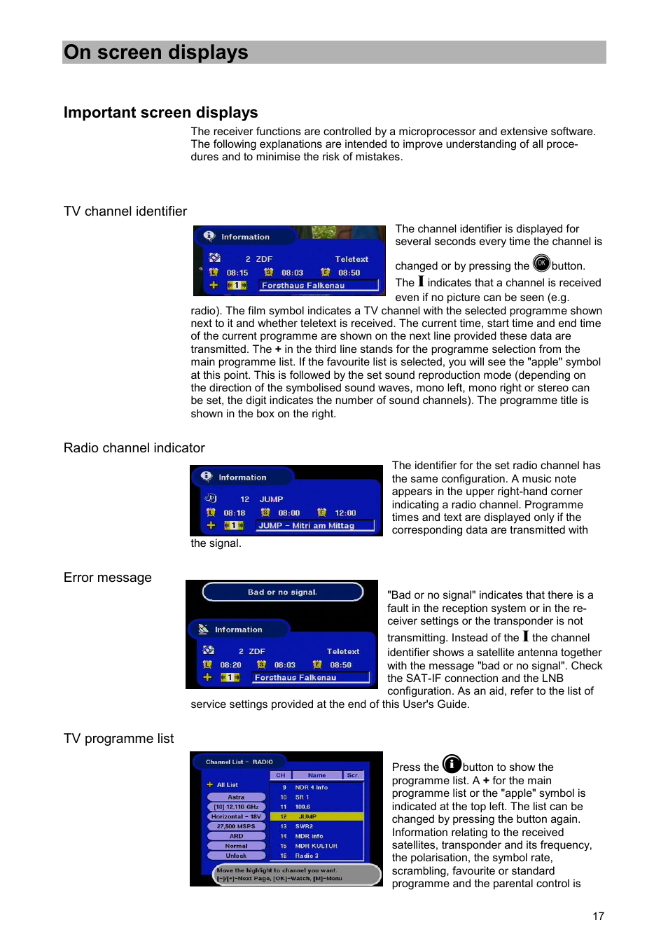 On screen displays, Important screen displays, Tv channel identifier | Radio channel indicator, Error message, Tv programme list | Kathrein UFD 520 User Manual | Page 17 / 60