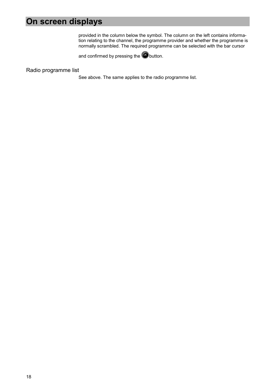 Radio programme list, On screen displays | Kathrein UFD 520 User Manual | Page 18 / 60