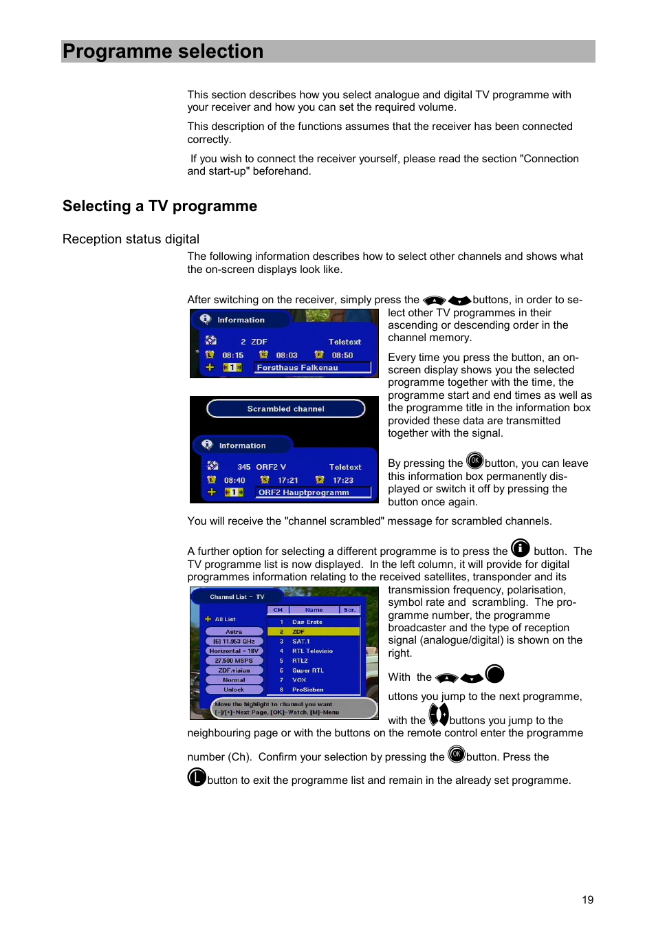 Programme selection, Selecting a tv programme, Reception status digital | Kathrein UFD 520 User Manual | Page 19 / 60