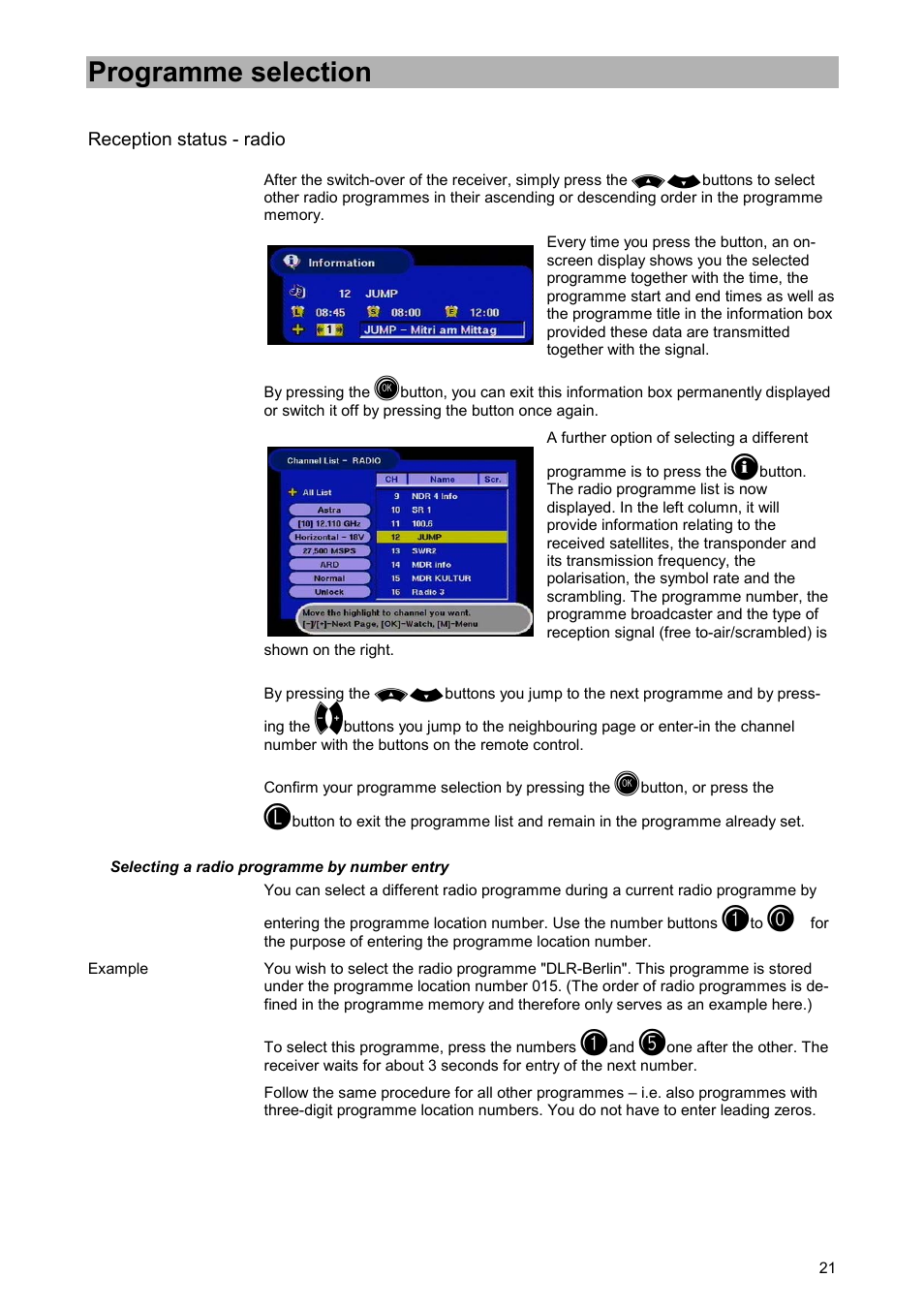Reception status - radio, Selecting a radio programme by number entry, Programme selection | Kathrein UFD 520 User Manual | Page 21 / 60