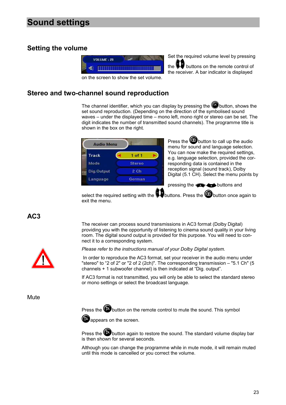Sound settings, Setting the volume, Stereo and two-channel sound reproduction | Mute | Kathrein UFD 520 User Manual | Page 23 / 60