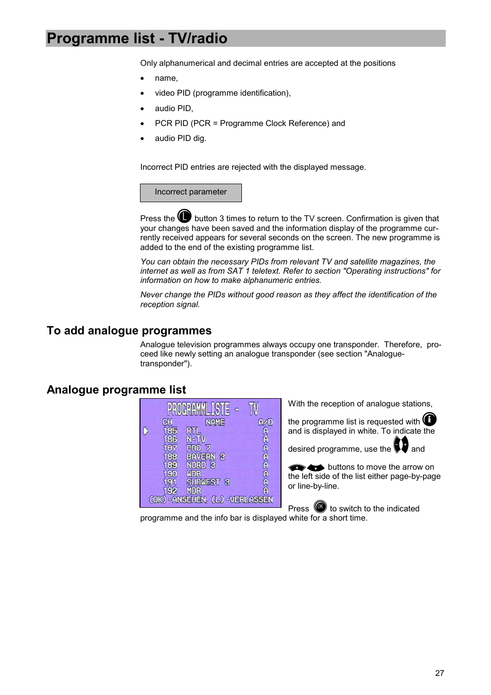 To add analogue programmes, Analogue programme list, Programme list - tv/radio | Kathrein UFD 520 User Manual | Page 27 / 60