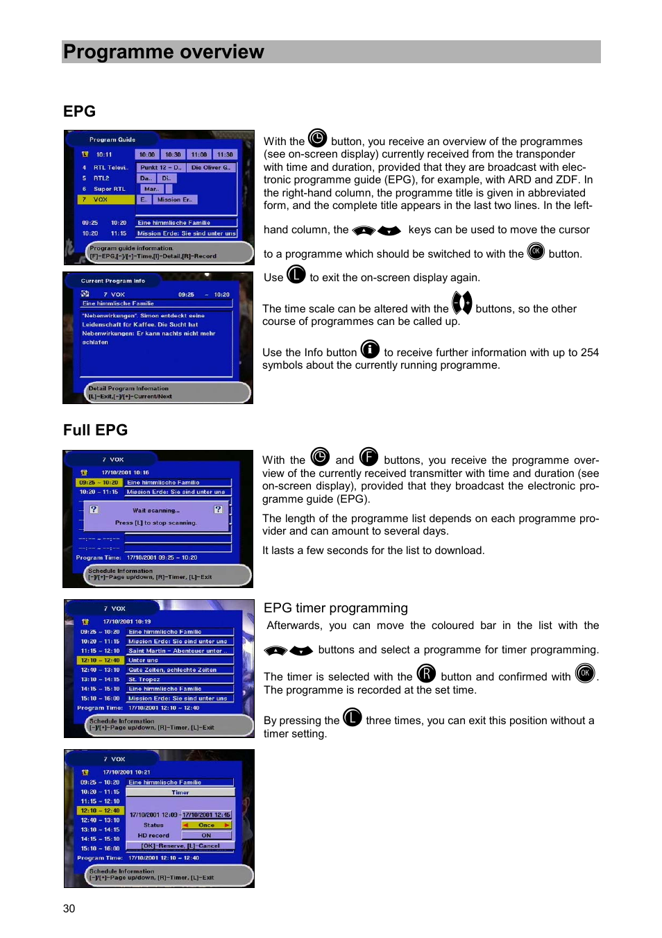 Programme overview, Full epg, Epg timer programming | Kathrein UFD 520 User Manual | Page 30 / 60