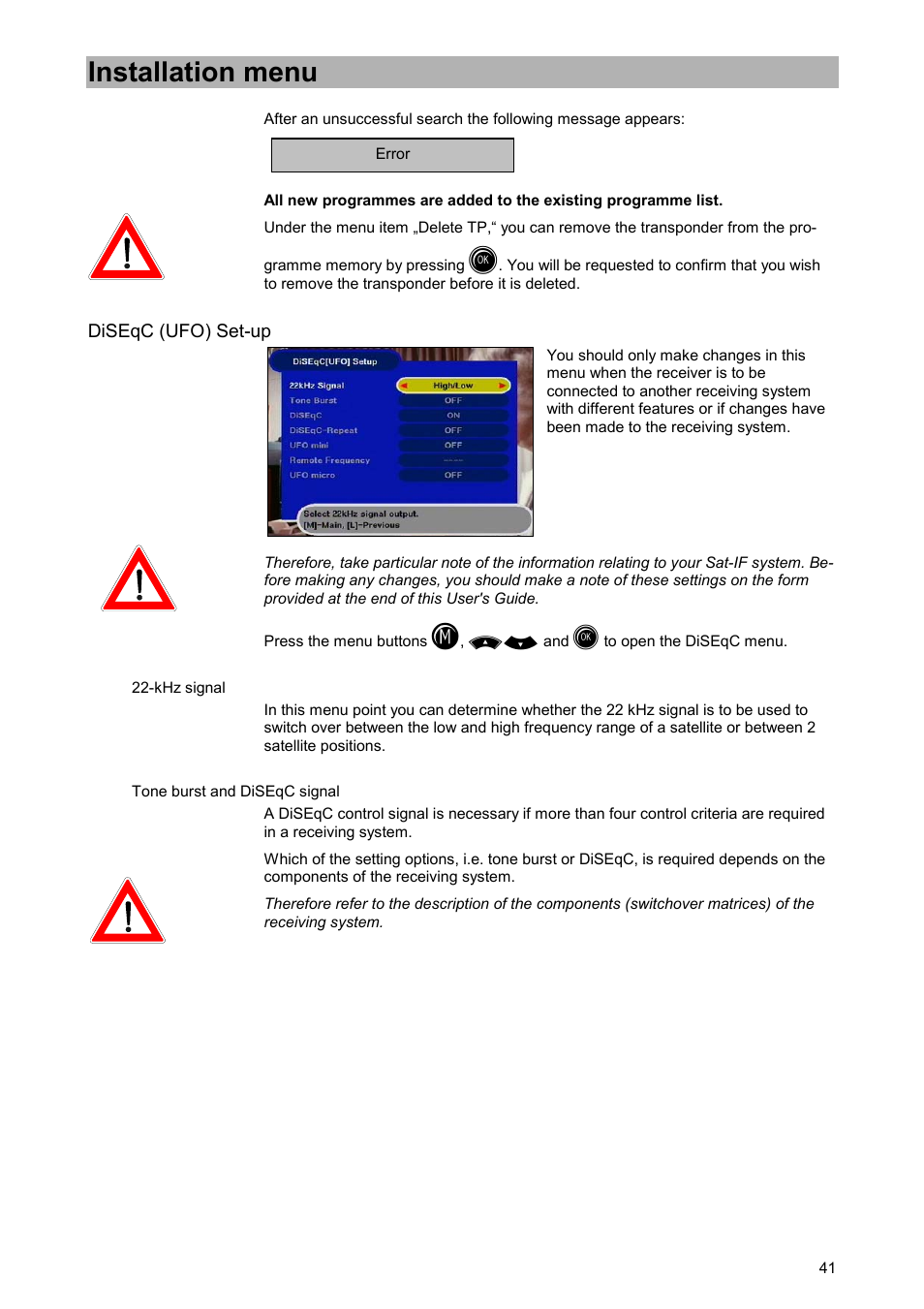 Diseqc (ufo) set-up, Khz signal, Tone burst and diseqc signal | Installation menu | Kathrein UFD 520 User Manual | Page 41 / 60