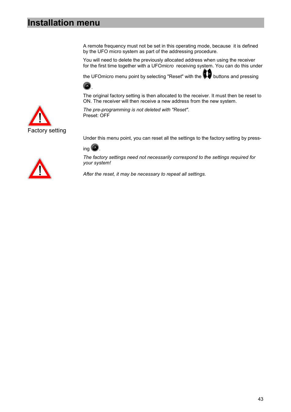 Factory setting, Installation menu | Kathrein UFD 520 User Manual | Page 43 / 60