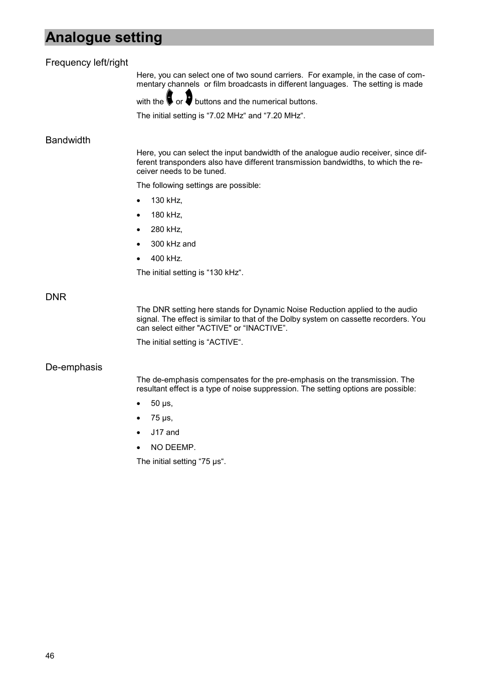 Frequency left/right, Bandwidth, De-emphasis | Analogue setting | Kathrein UFD 520 User Manual | Page 46 / 60
