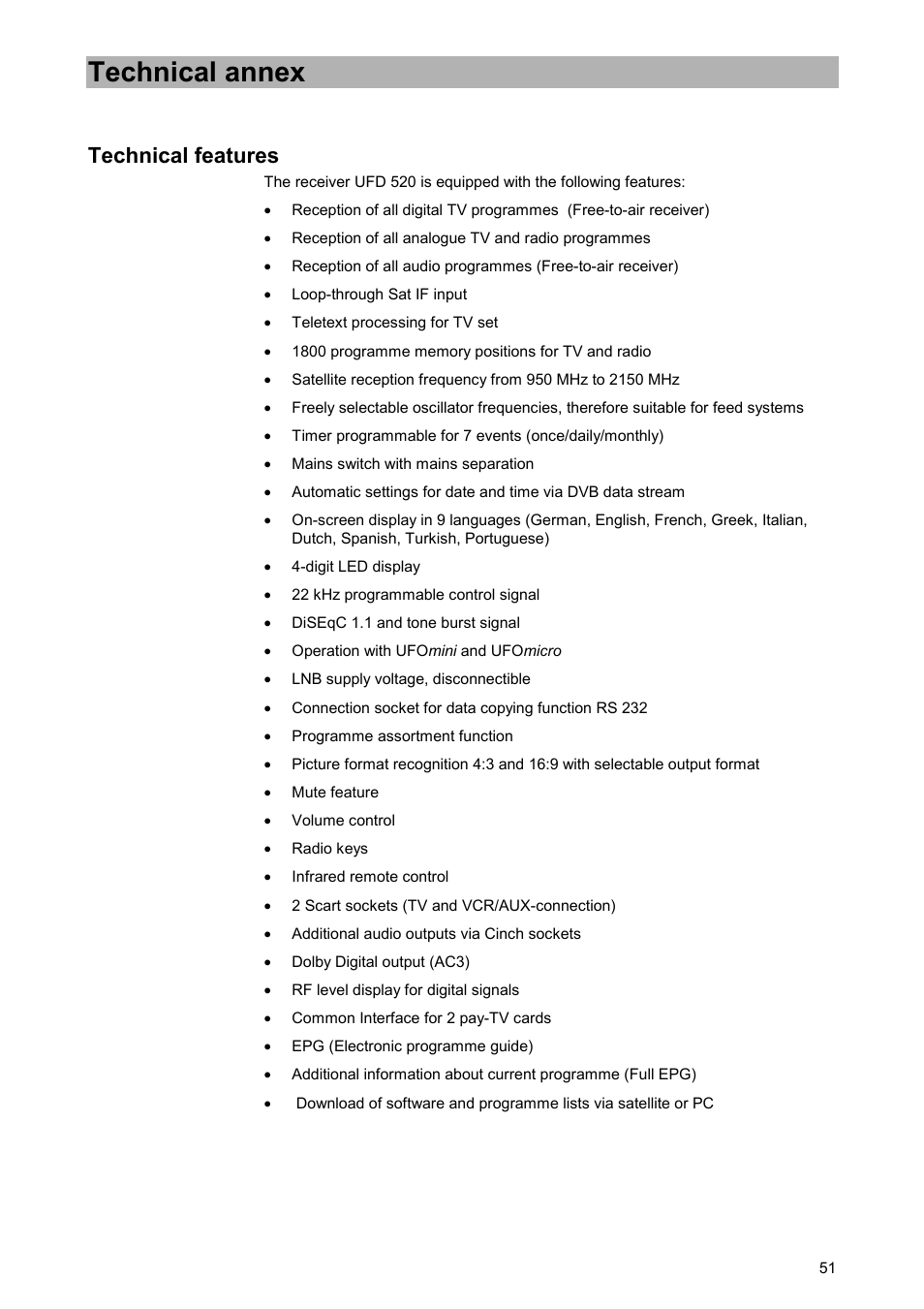 Technical annex, Technical features | Kathrein UFD 520 User Manual | Page 51 / 60