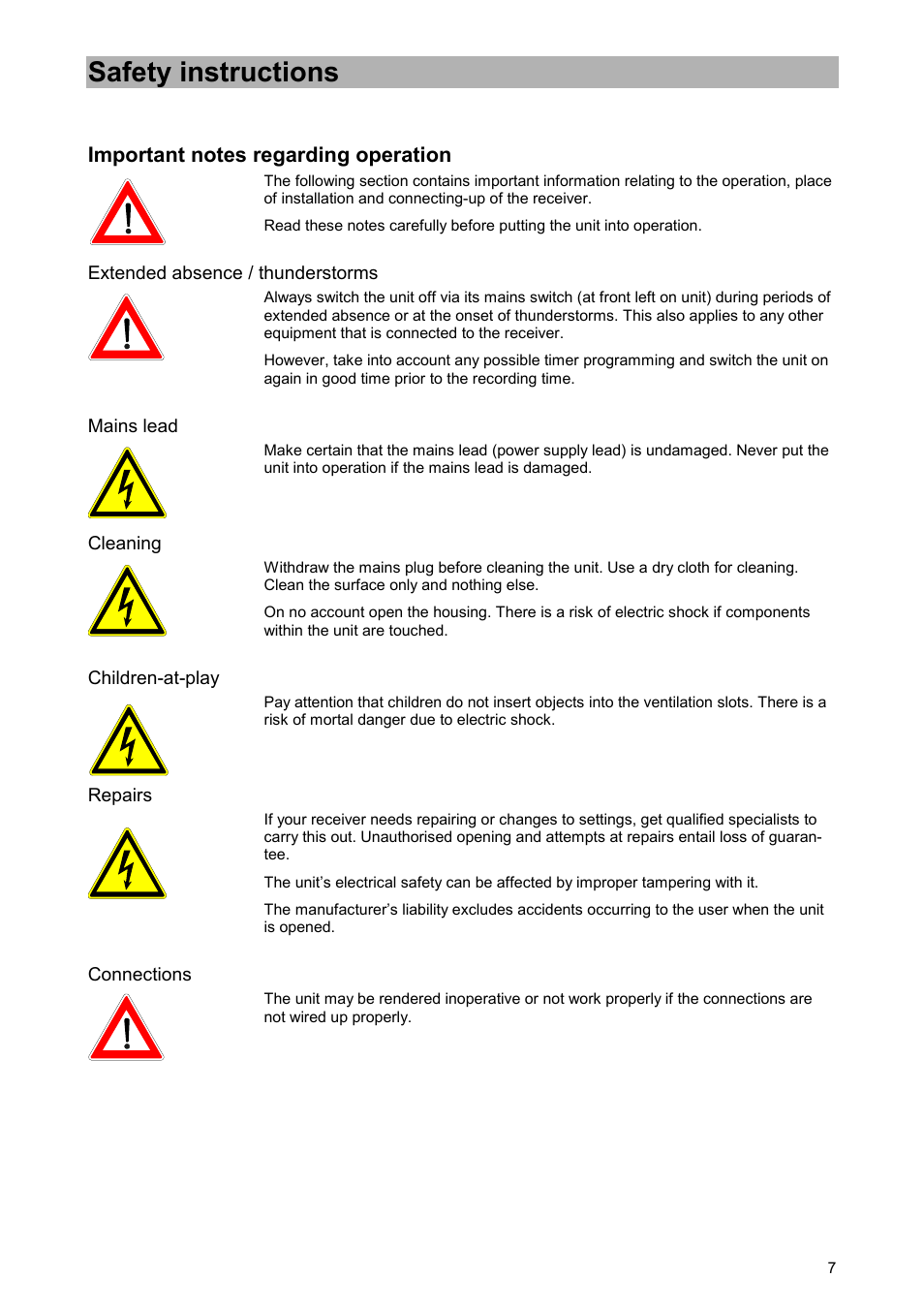 Safety instructions, Important notes regarding operation, Extended absence / thunderstorms | Mains lead, Cleaning, Children-at-play, Repairs, Connections | Kathrein UFD 520 User Manual | Page 7 / 60