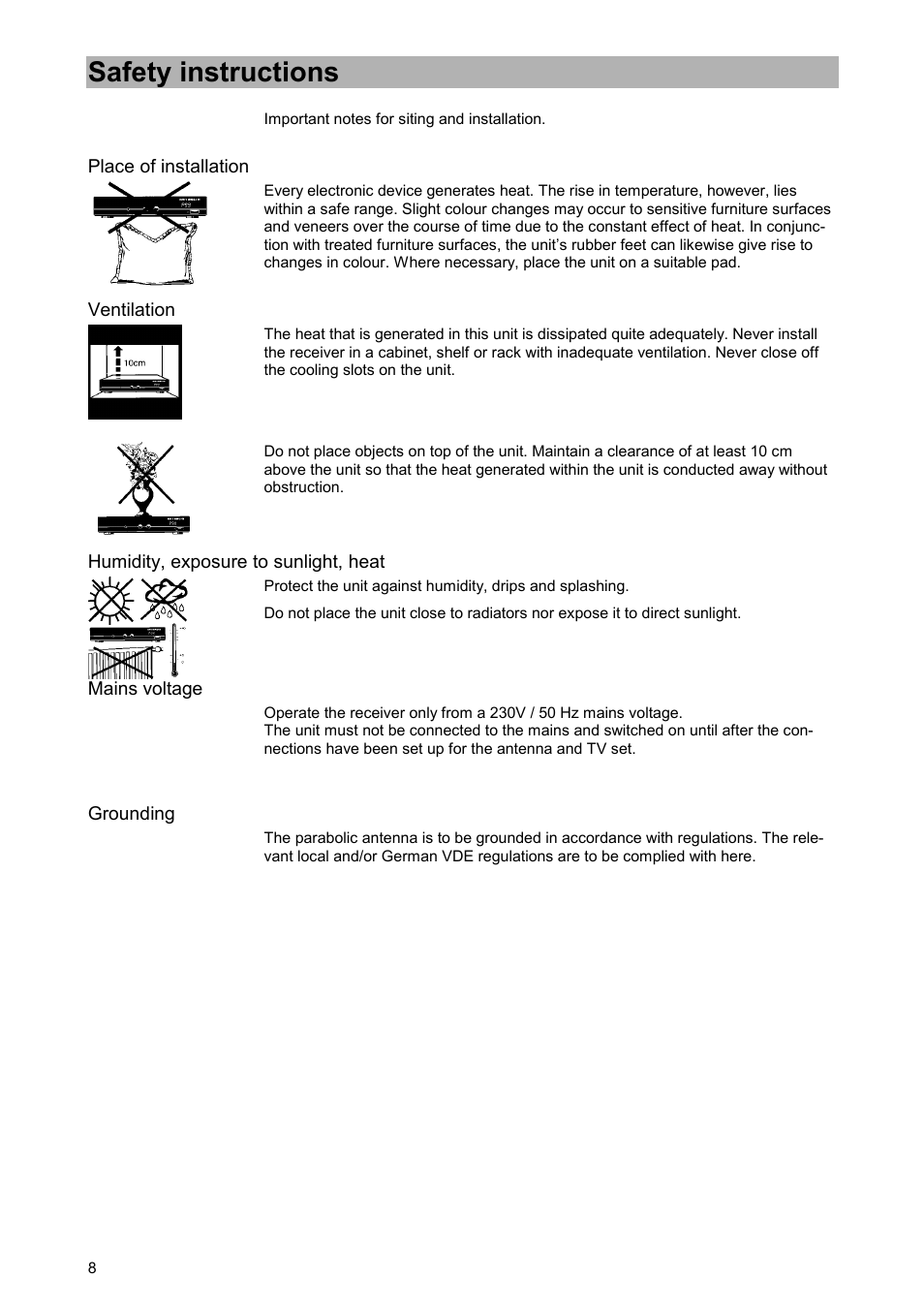 Place of installation, Ventilation, Humidity, exposure to sunlight, heat | Mains voltage, Grounding, Safety instructions | Kathrein UFD 520 User Manual | Page 8 / 60