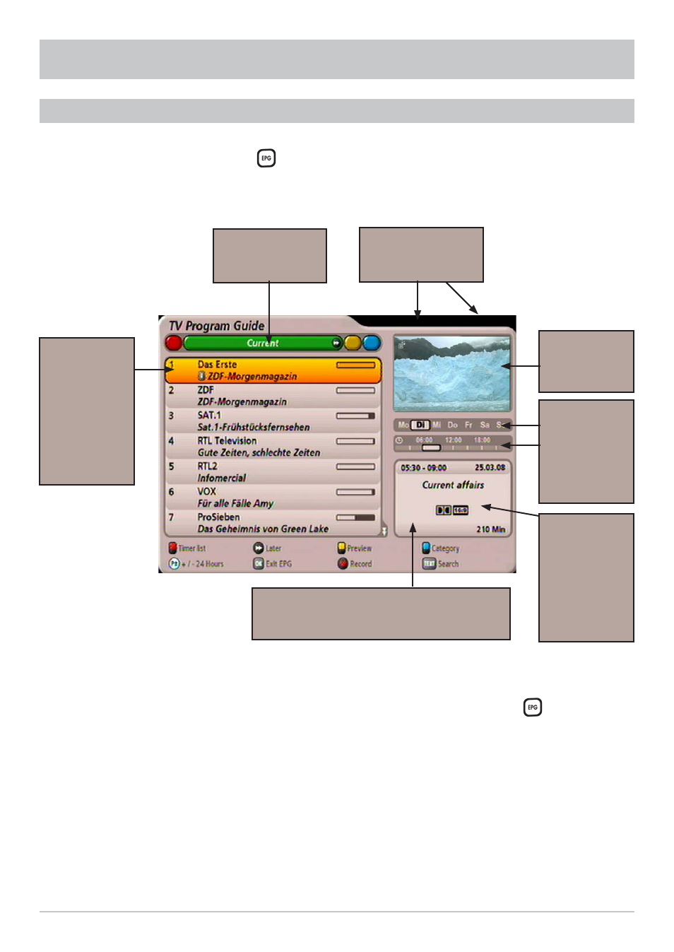 Epg - electronic programme guide, Opening the epg | Kathrein UFS 902 User Manual | Page 36 / 88