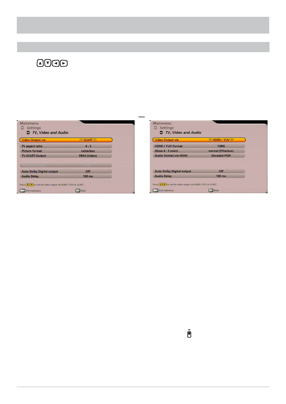 Settings, Tv settings, Scart hdmi/yuv or | Kathrein UFS 902 User Manual | Page 64 / 88
