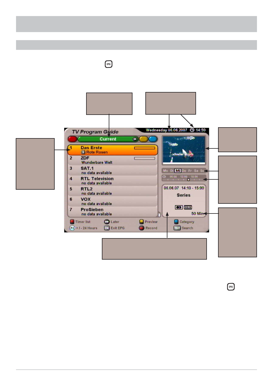 Epg - electronic programme guide, Calling up the epg | Kathrein UFS 700sw User Manual | Page 38 / 88