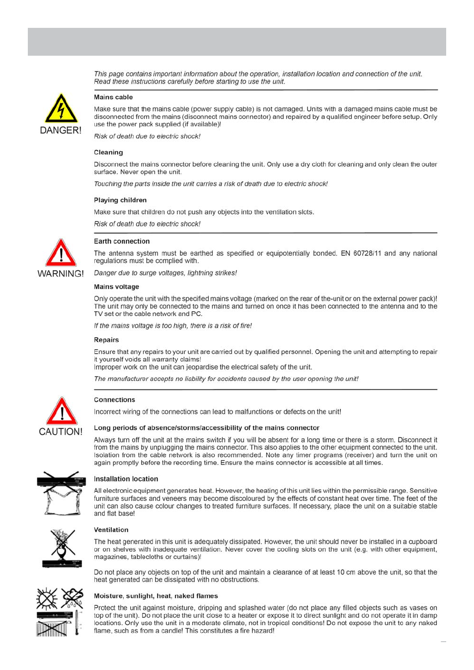 Safety instructions - important notes | Kathrein UFS 700sw User Manual | Page 6 / 88