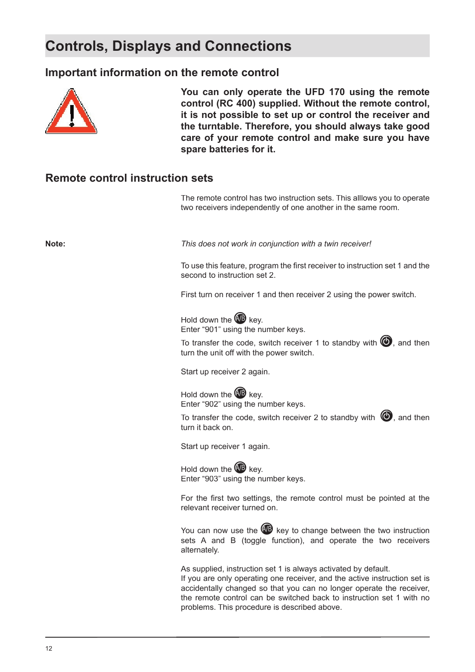 Controls, displays and connections, Remote control instruction sets, Important information on the remote control | Kathrein UFD 170 User Manual | Page 12 / 80