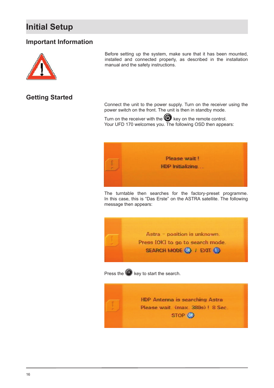 Initial setup, Getting started, Important information | Kathrein UFD 170 User Manual | Page 16 / 80