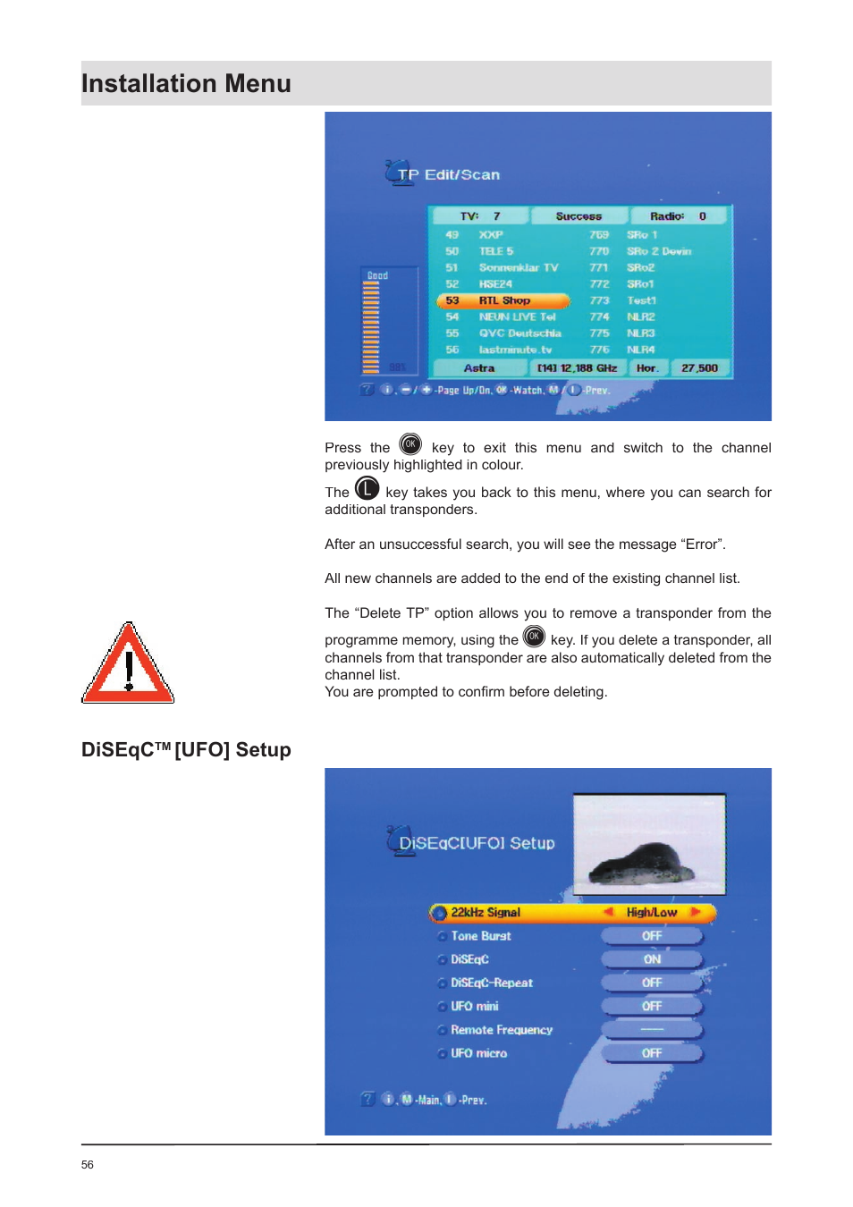 Installation menu, Diseqc, Ufo] setup | Kathrein UFD 170 User Manual | Page 56 / 80