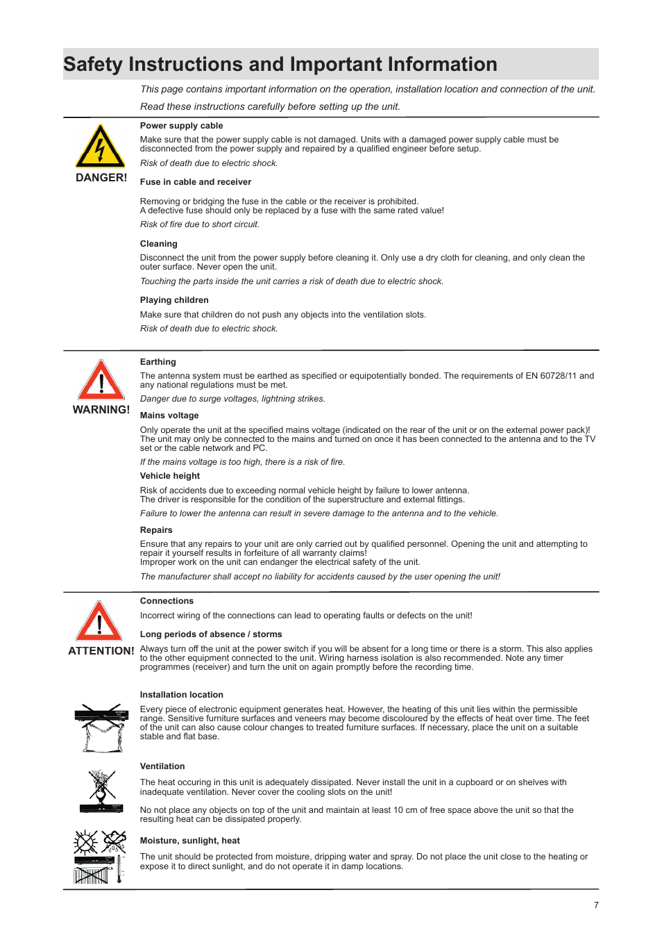 Safety instructions and important information | Kathrein UFD 170 User Manual | Page 7 / 80