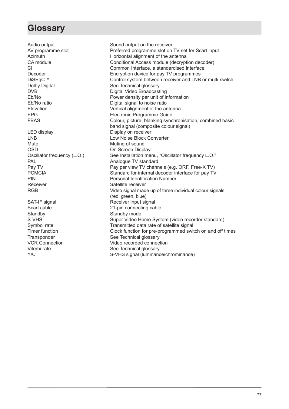 Glossary | Kathrein UFD 170 User Manual | Page 77 / 80