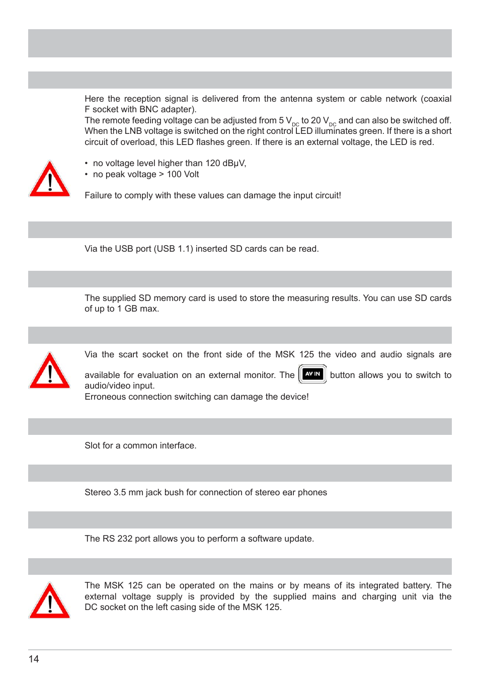 Connections, Rf input socket, External dc power supply | Scart output, Ear phones socket, Rs 232 interface, Usb port, Sd card, Common interface | Kathrein MSK 125 User Manual | Page 14 / 80