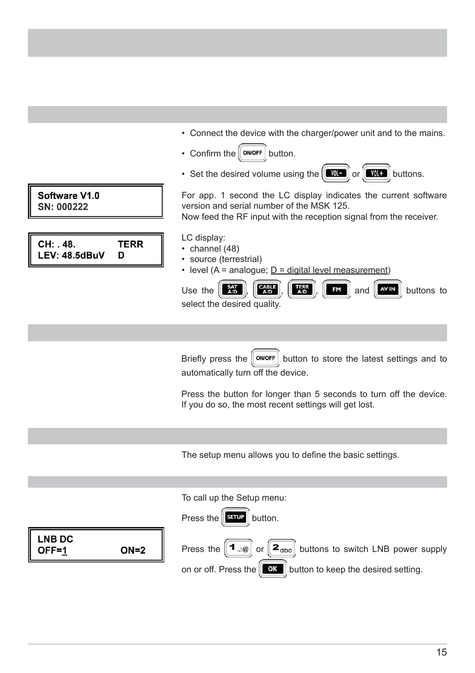 Getting started, Switch on, Switching off | Setup menu | Kathrein MSK 125 User Manual | Page 15 / 80