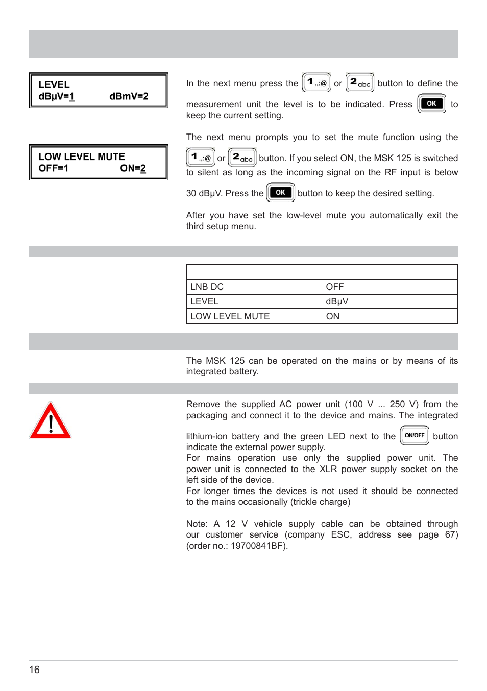 Getting started, Mains and battery operation | Kathrein MSK 125 User Manual | Page 16 / 80