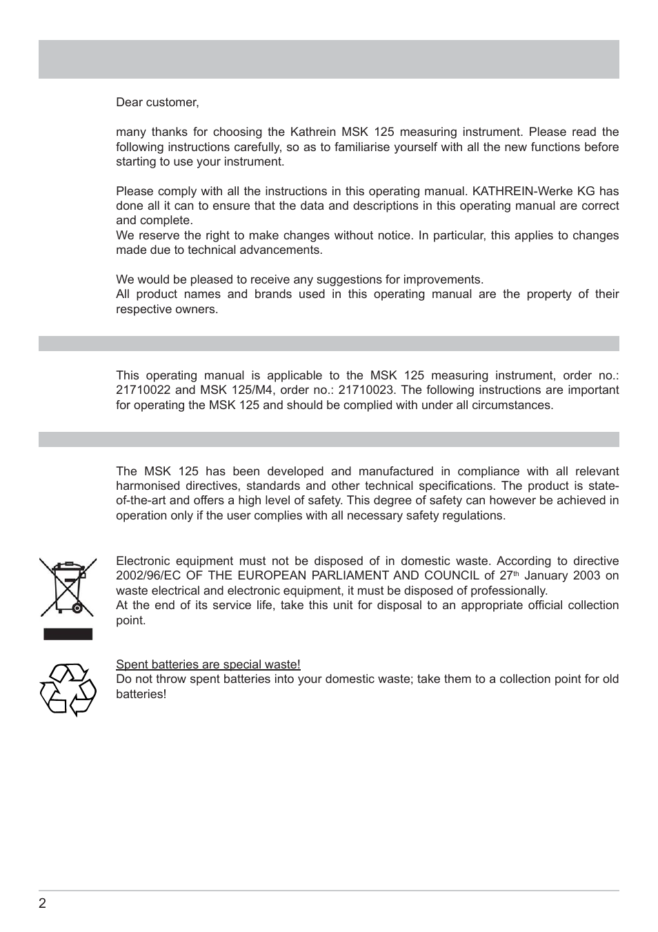 Foreword/important instructions | Kathrein MSK 125 User Manual | Page 2 / 80