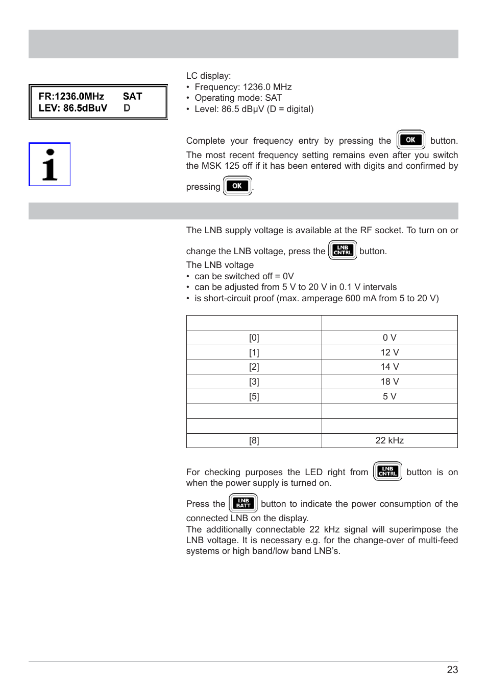 Lnb voltage and 22 khz change-over | Kathrein MSK 125 User Manual | Page 23 / 80