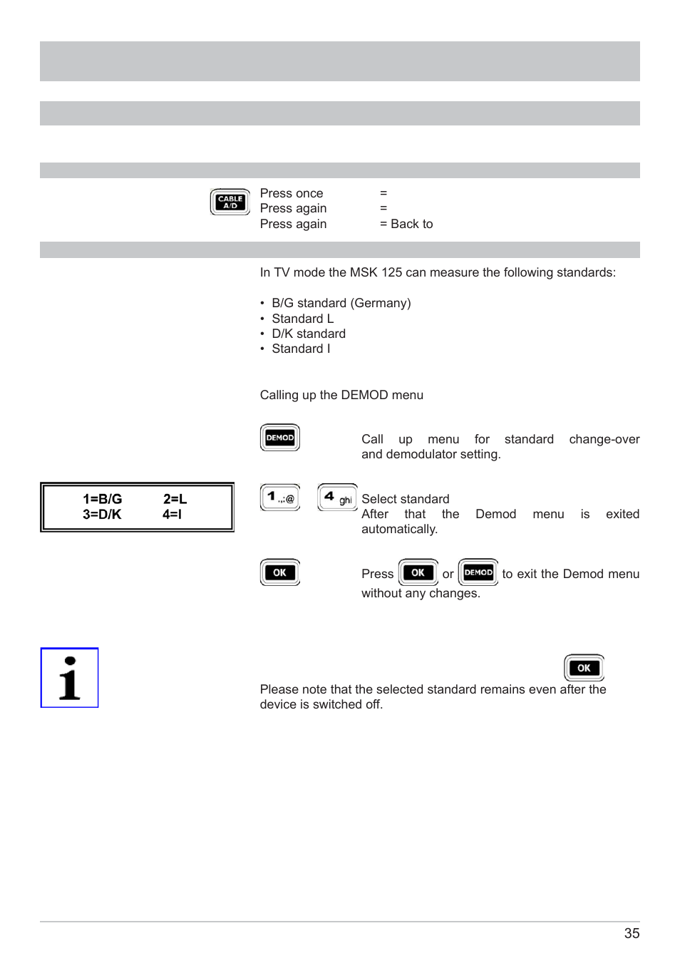 Tv measurement, Analogue tv cable reception | Kathrein MSK 125 User Manual | Page 35 / 80