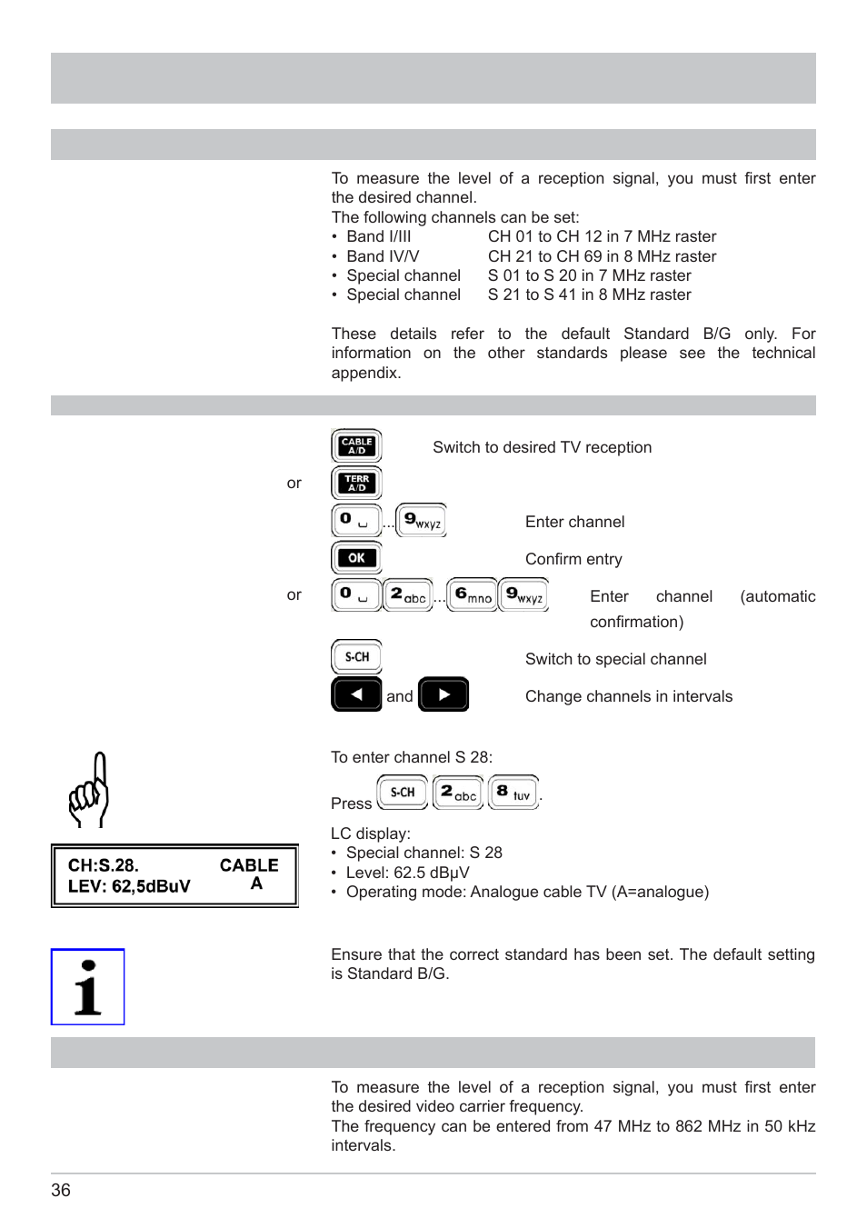 Tv measurement, Channel display and entry, Frequency display and entry | Kathrein MSK 125 User Manual | Page 36 / 80