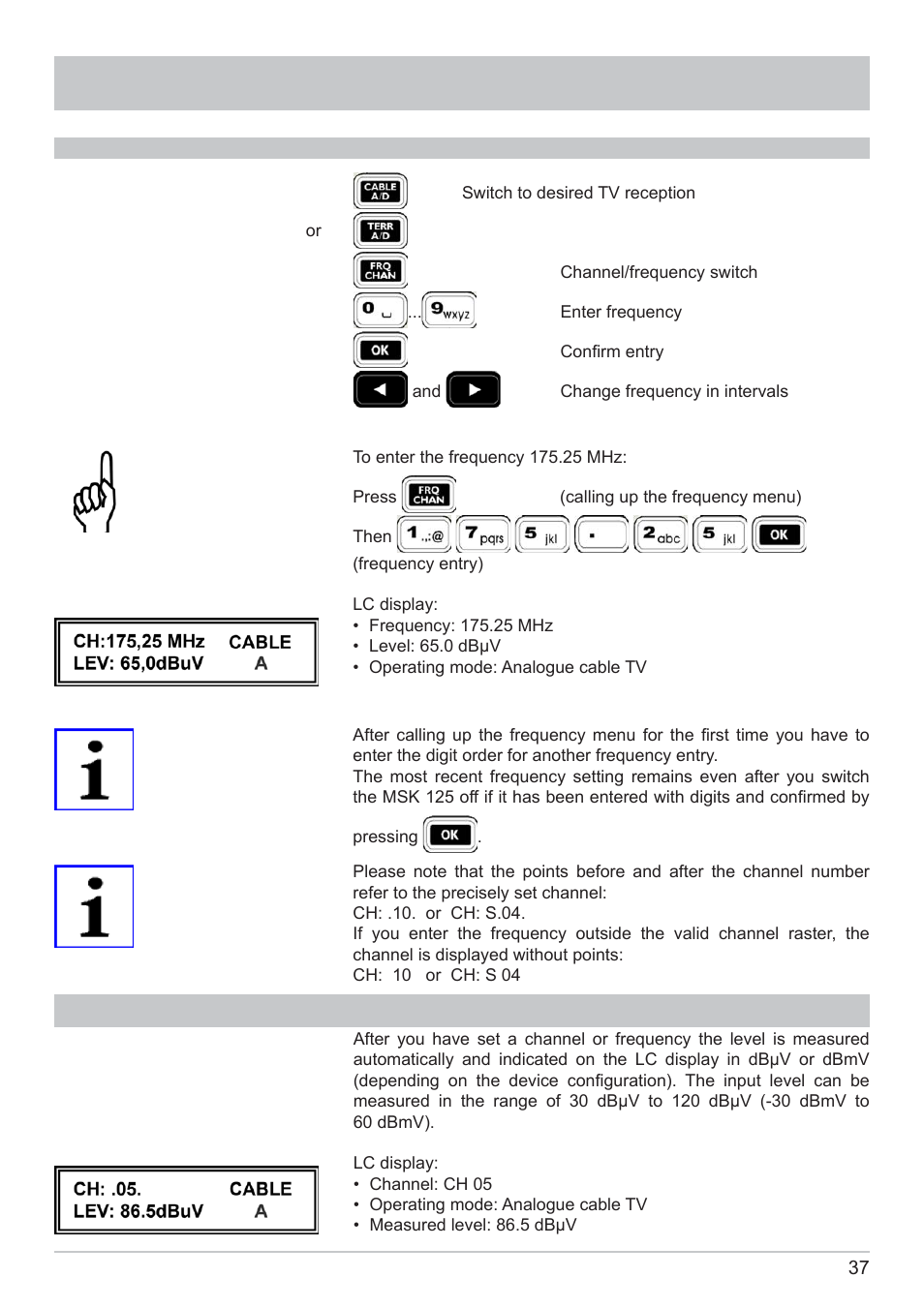 Tv measurement, Cable analogue” level measurement | Kathrein MSK 125 User Manual | Page 37 / 80