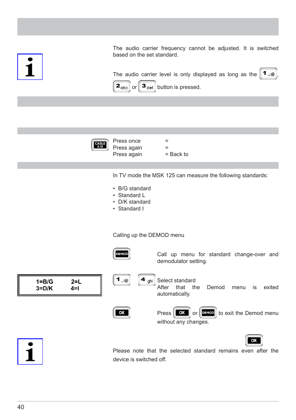Tv measurement, Digital tv cable reception | Kathrein MSK 125 User Manual | Page 40 / 80