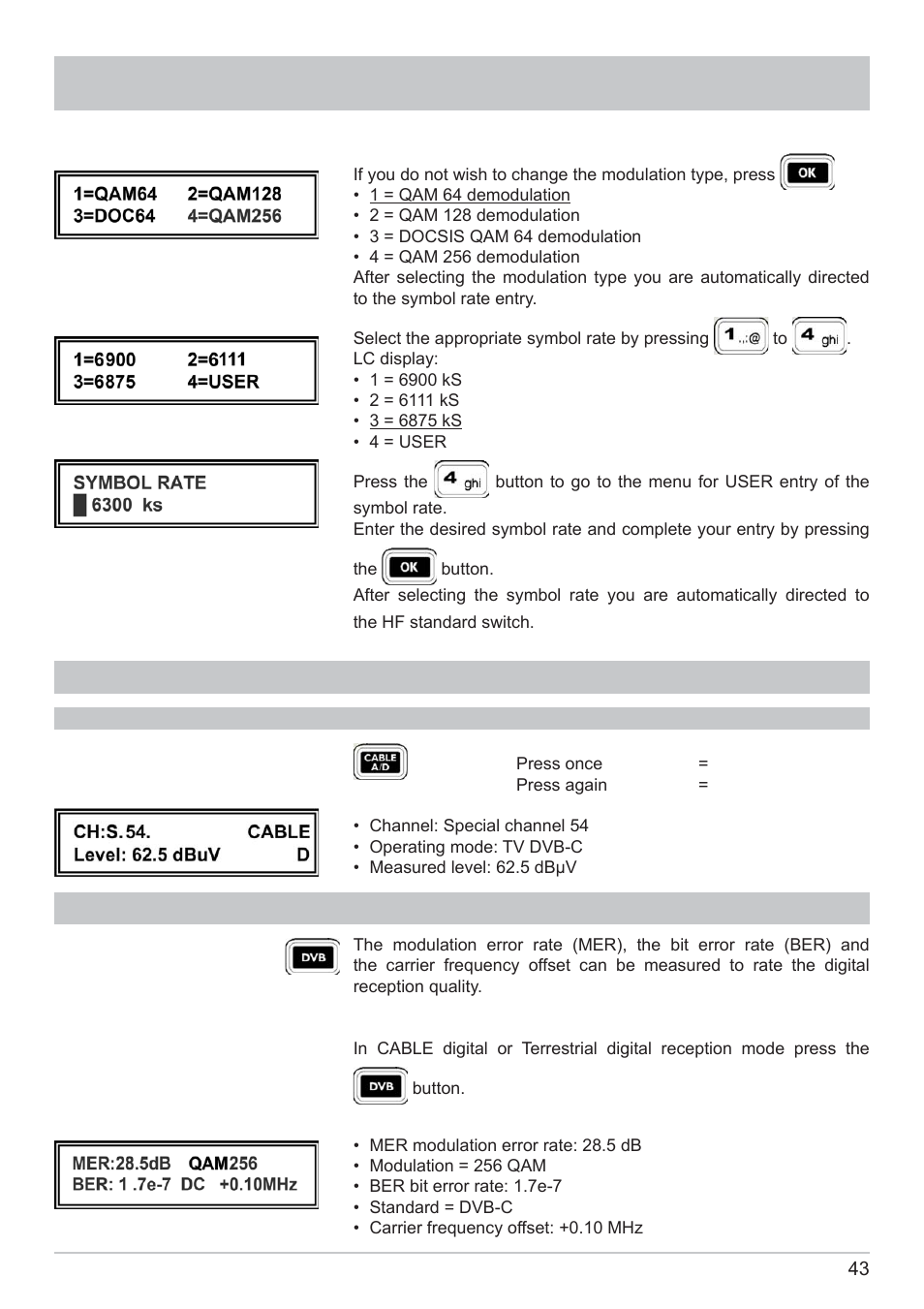 Tv measurement, Level measurement of “dvb-c”/“dvb-t/h” signals, Dvb-c/dvb-t/h mer, ber and offset measurement | Kathrein MSK 125 User Manual | Page 43 / 80