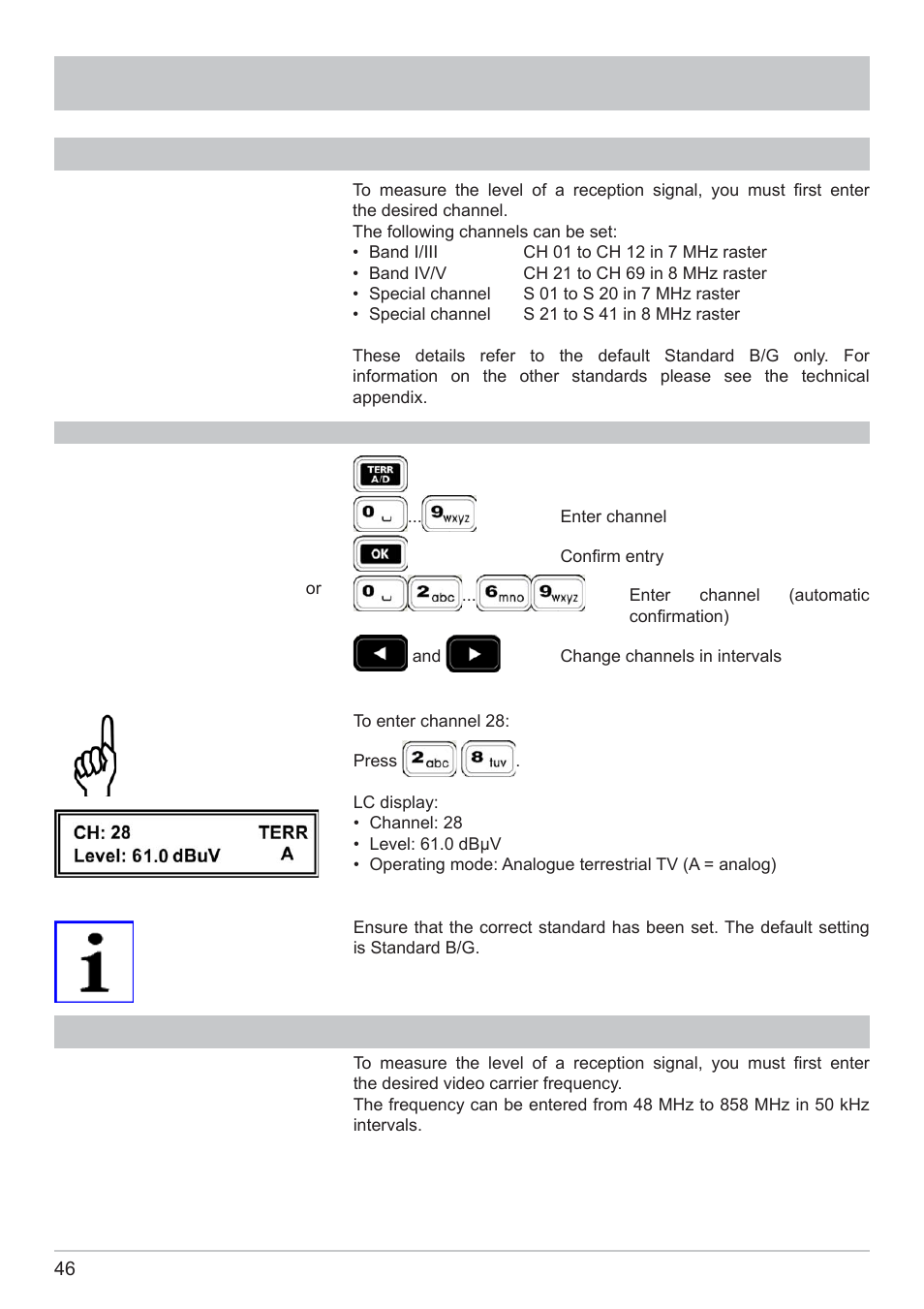 Tv measurement, Channel display and entry, Frequency display and entry | Kathrein MSK 125 User Manual | Page 46 / 80