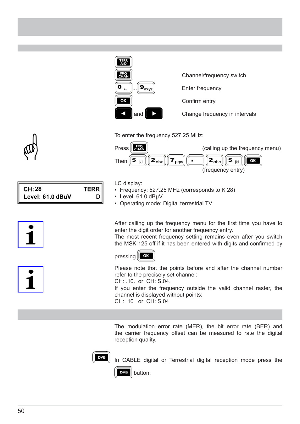 Tv measurement, Dvb-c/dvb-t/h mer, ber and offset measurement | Kathrein MSK 125 User Manual | Page 50 / 80