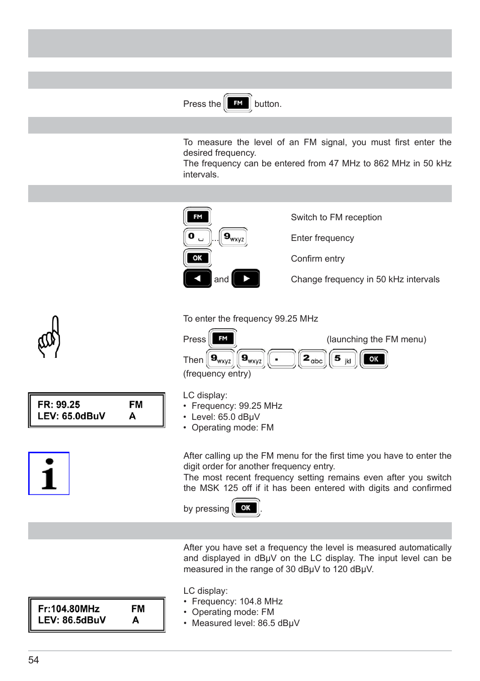 Fm measurement, Fm switch, Frequency display and entry | Command overview for fm frequency entry, Level measurement | Kathrein MSK 125 User Manual | Page 54 / 80