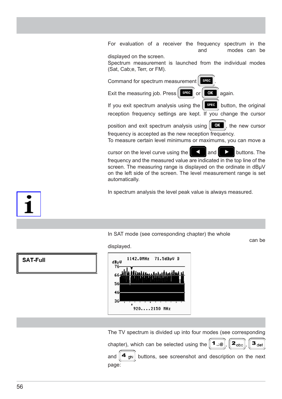 Spectrum measurement, Sat spectrum, Tv spectrum | Kathrein MSK 125 User Manual | Page 56 / 80