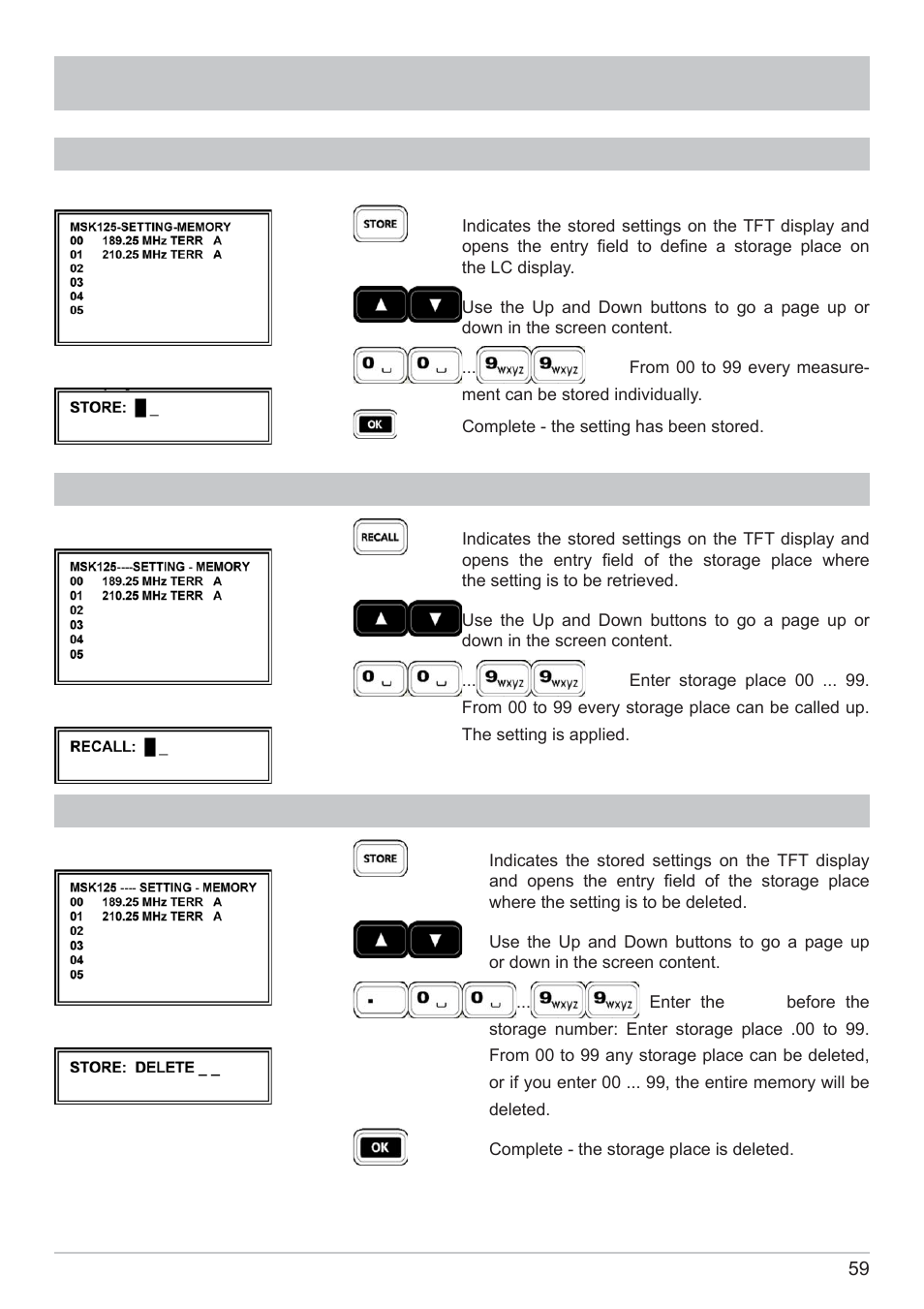 Storing device settings, Deleting device settings | Kathrein MSK 125 User Manual | Page 59 / 80