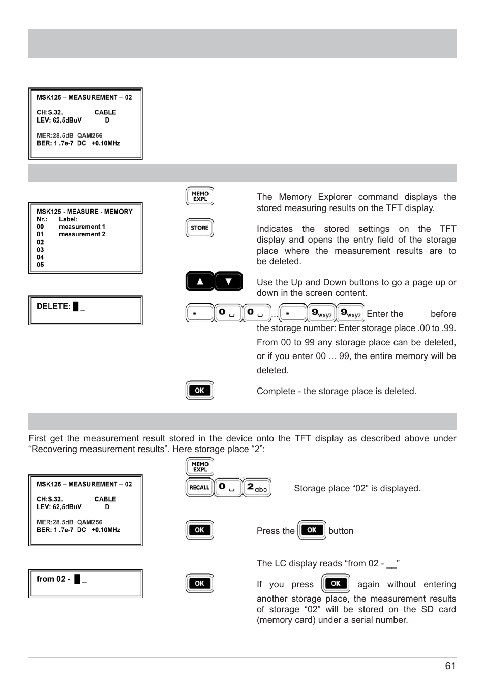 Storing measurement results, Storing measurement results on the sd card | Kathrein MSK 125 User Manual | Page 61 / 80