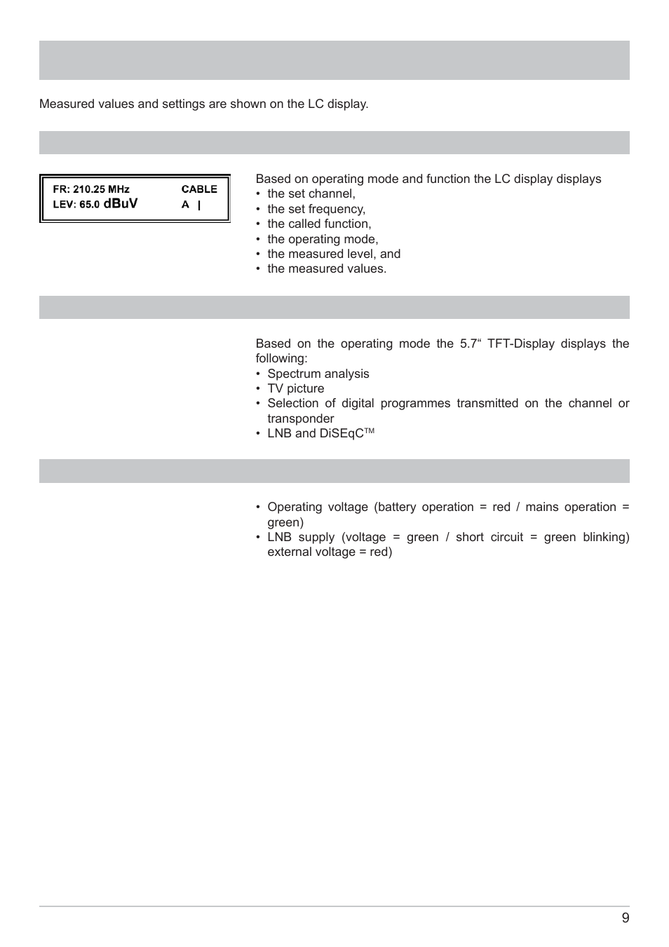 Operating and display elements, Lc display, Tft colour display | Led display | Kathrein MSK 125 User Manual | Page 9 / 80