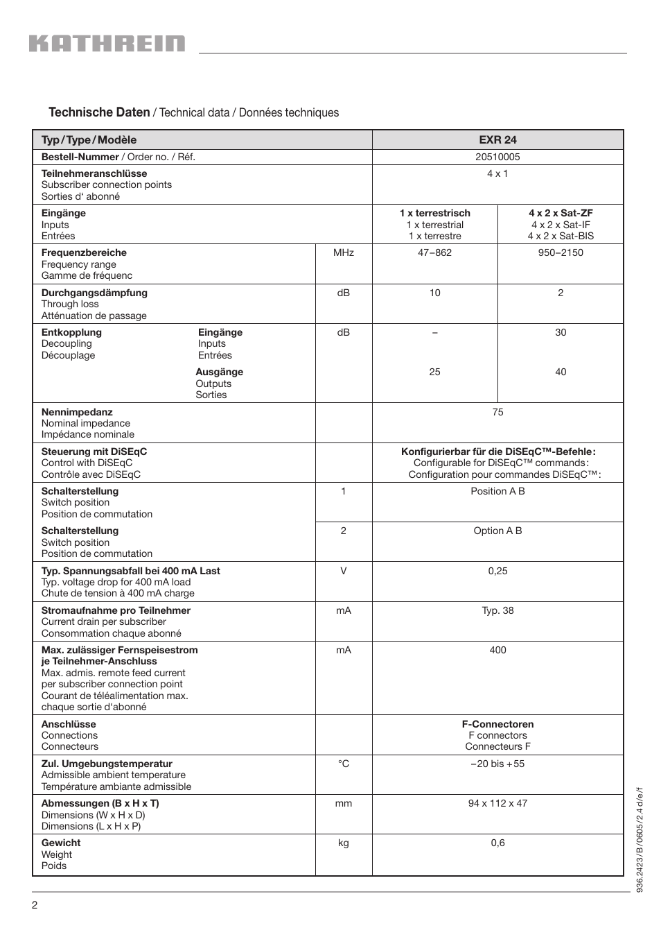 Technische daten | Kathrein DISEQC EXR 24 User Manual | Page 2 / 4
