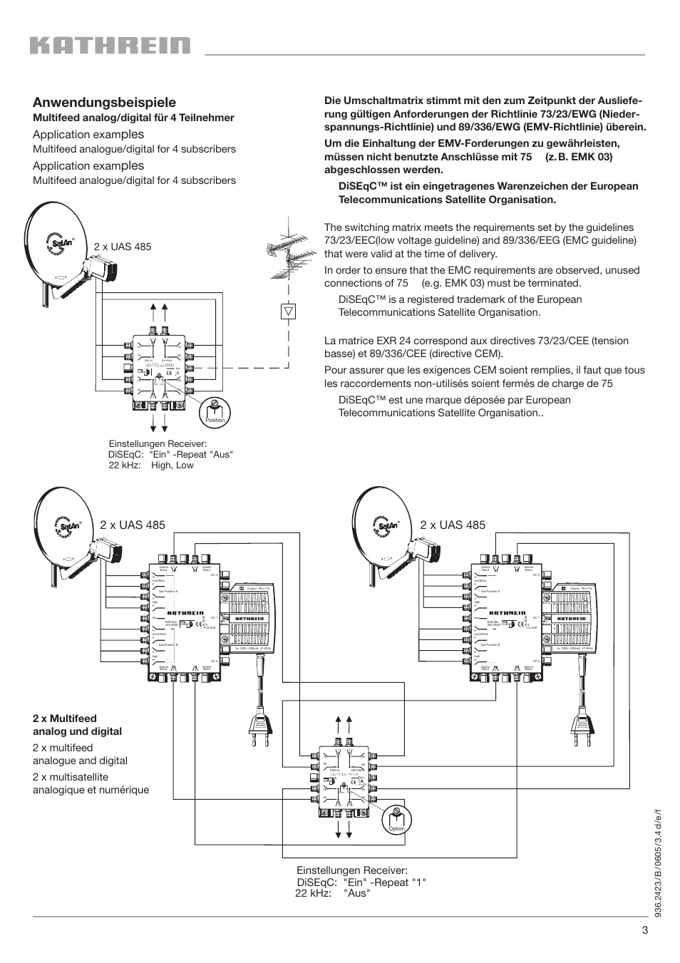 Anwendungsbeispiele, Ples, Application exam | Multifeed analog/digital für 4 teilnehmer, Multifeed analogue/digital for 4 subscribers, 2 x uas 485, Klasse class | Kathrein DISEQC EXR 24 User Manual | Page 3 / 4