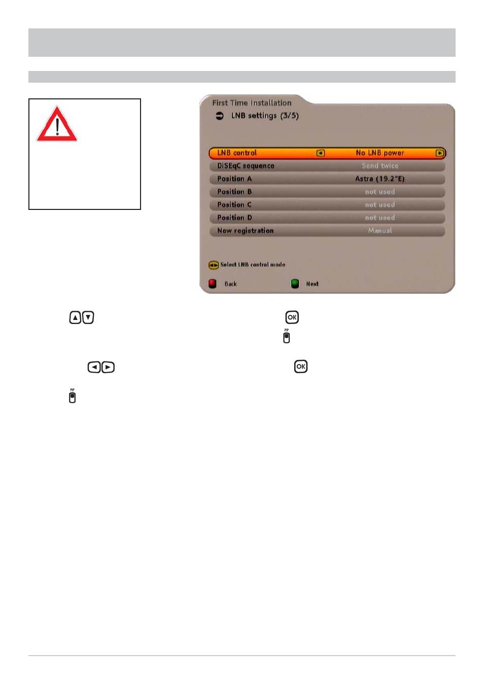 First installation (no lnb power) | Kathrein UFS 733si User Manual | Page 20 / 76