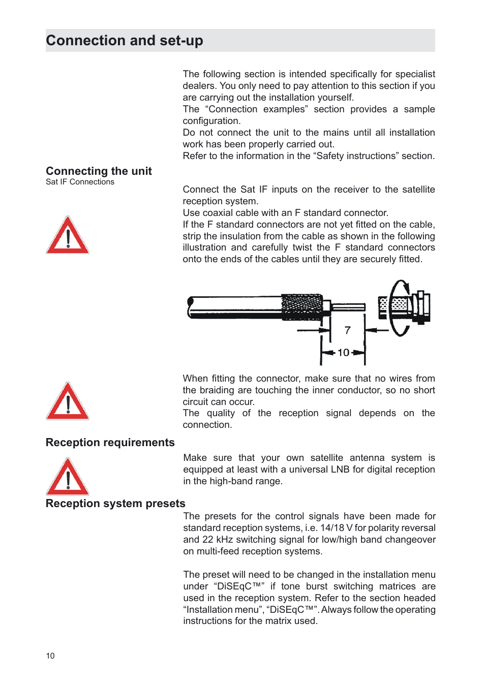 Connection and set-up | Kathrein UFS 702sw User Manual | Page 10 / 68