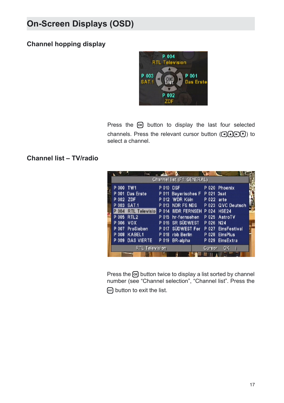 On-screen displays (osd) | Kathrein UFS 702sw User Manual | Page 17 / 68