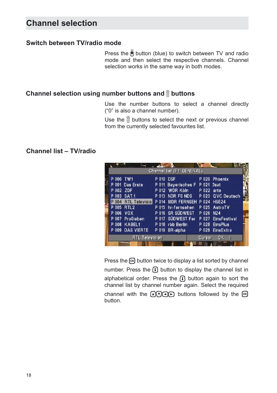 Channel selection | Kathrein UFS 702sw User Manual | Page 18 / 68