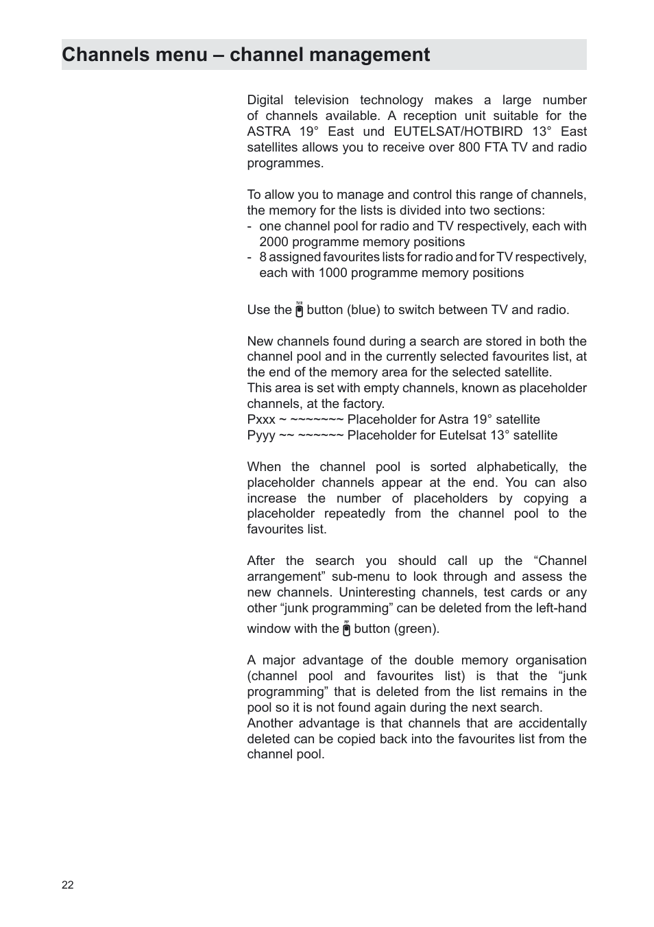 Channels menu – channel management | Kathrein UFS 702sw User Manual | Page 22 / 68