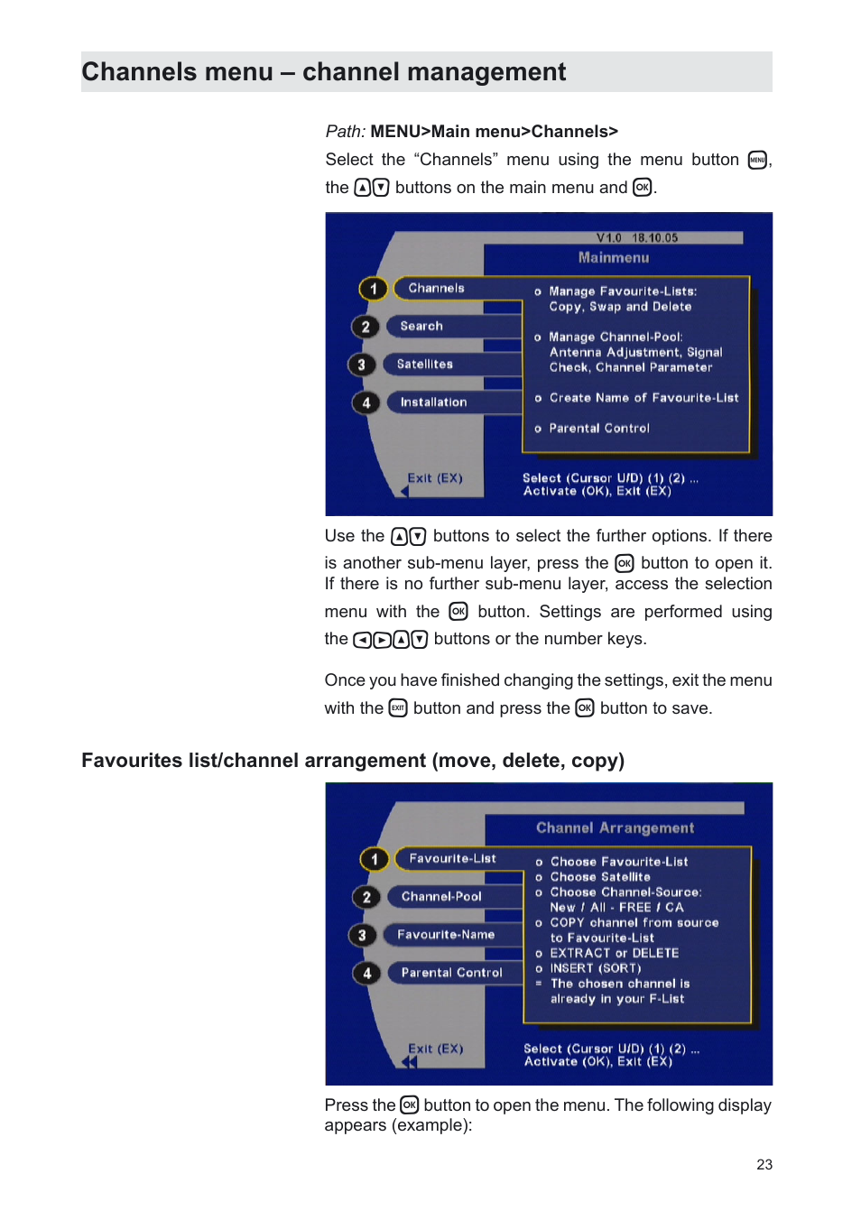 Channels menu – channel management | Kathrein UFS 702sw User Manual | Page 23 / 68