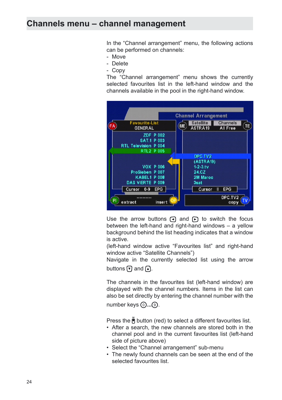Channels menu – channel management | Kathrein UFS 702sw User Manual | Page 24 / 68