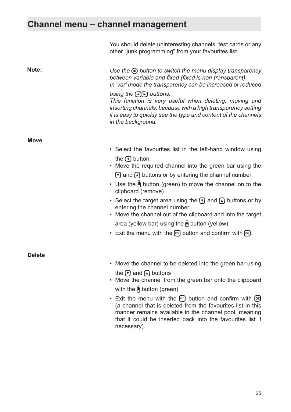 Channel menu – channel management | Kathrein UFS 702sw User Manual | Page 25 / 68